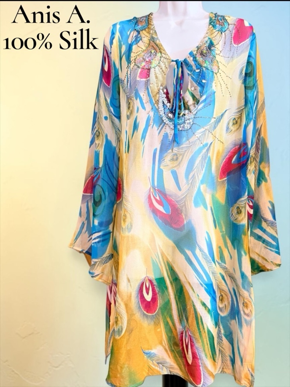 Vintage Anis A 100% Silk Tunic Dress L Beaded Feather Print Boho Resort Luxe - Picture 2 of 14